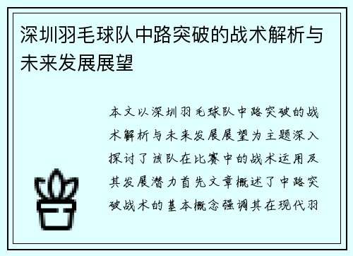 深圳羽毛球队中路突破的战术解析与未来发展展望